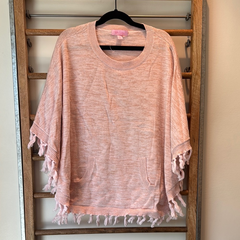 8/10 Girls Pink Fringe Poncho Sweater